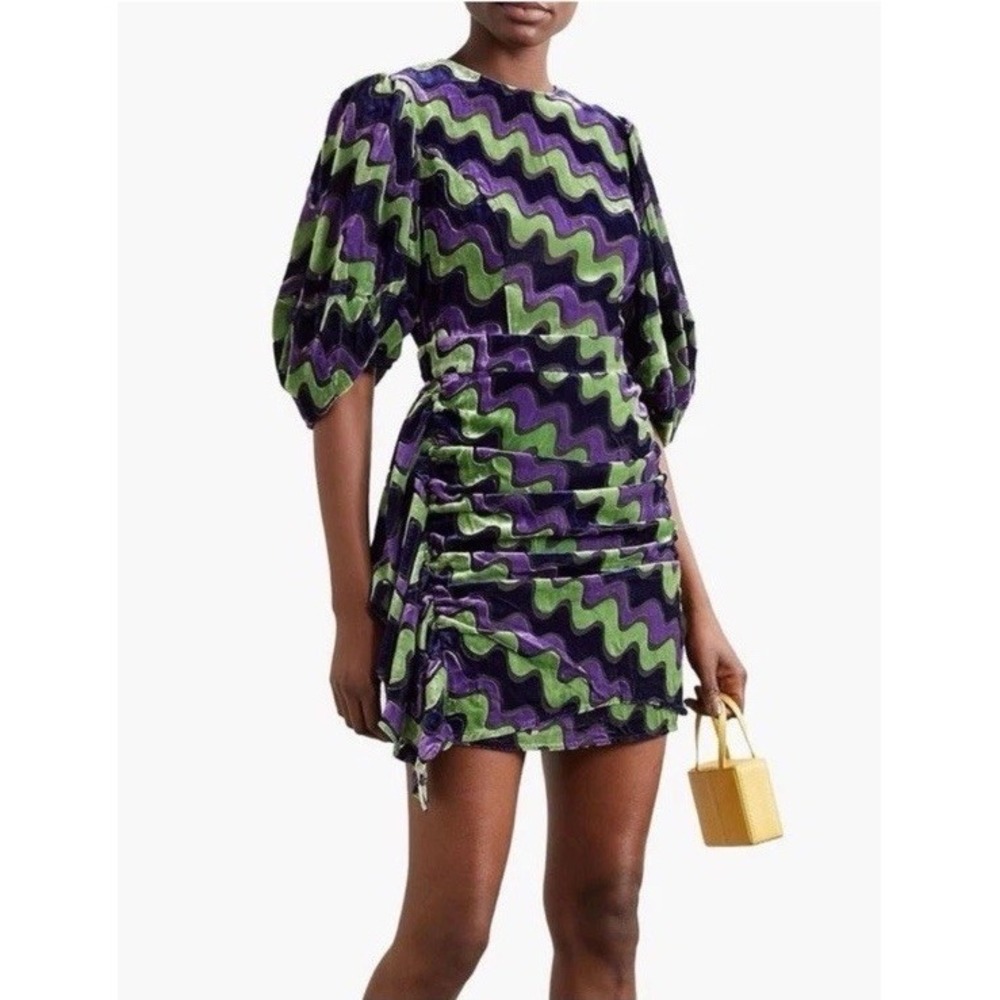 Rhode Pia Mini Dress Women's XS waves green purple velvet Ruched Asymmetric